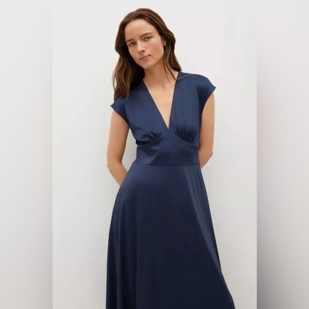Mango Blue A-Line Flutter Sleeve Midi Dress